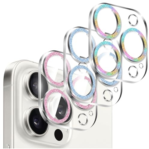Kucheed 3 Pièces Protecteur D'objectif D'appareil Photo Brillant pour iPhone 12 Pro Max, Coque en Acrylique Transparent Monobloc Colorée Paillettes Décoration pour Appareil Photo Arrière