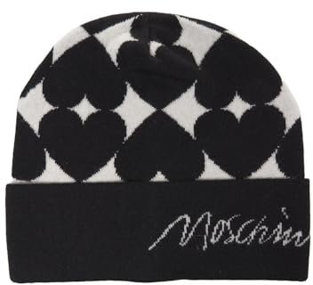 MOSCHINO Damenmütze aus Wolle mit Umschlag, Motiv: Herzen, Schwarz, Schwarz , One size