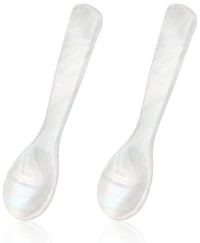 Perlmutt Löffel, 2er Set – 9cm weiße Kaviar Löffel mit geradem Griff ideal für Fischkaviar Sushi und Delikatessen Hochwertige weiße Perlmuttmaterial für elegantes Servieren