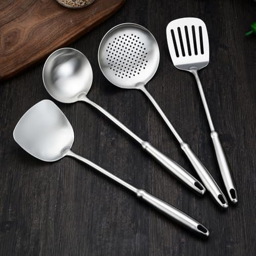 Ustensiles de wok en acier inoxydable 304, spatule et louche, cuillère écumoire, spatule ajourée, ensemble professionnel de 4 outils de wok de long.lave-vaisselle.(Poignée calebasse)