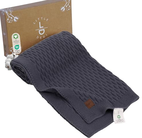 Little Dedi 100% Bio-Baumwolle Babydecke Gestrickt 80x100 cm Dunkelgrau – GOTS Zertifiziert, Weich und Atmungsaktiv, Ideal für Neugeborene und Säuglinge, Nora
