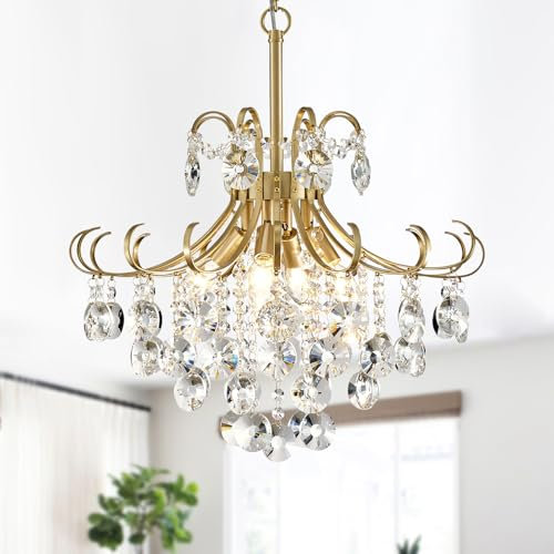 Majhoiw Goldene Kristall Kronleuchter für das Esszimmer, 4-Licht moderner Kristallleuchten, Pendelleuchte für Wohnzimmer und Schlafzimmer, luxuriöse Hängeleuchte, Sockel E14 Deckenlampe