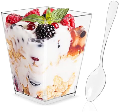 Plazotta 50 Stück 160 ml Dessertbecher mit 50 Probierlöffeln, Dessertschalen Wiederverwendbar, transparente quadratische Parfait-Vorspeisen-Schalen für Party, Hochzeit
