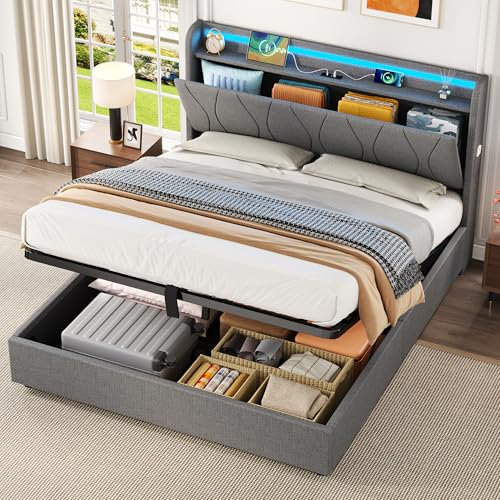Miyemo Double Bed Frame with Storage, 4ft6 Upholstered Ottoman Bed Frame with Headboard Storage & Hydraulic, LED-Headboard & Charging-Port, Linen, 135 * 190cm, Grey, (No Mattress)