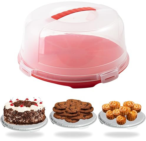 Buzztrove Cake Carrier with Red Base | Cake Carrier with Handle, 30cm Semi Transparent Dome & 4 x Secure Locking Lid, Premium Cake Storage Container for Cakes, Pies & Pastries (Red)