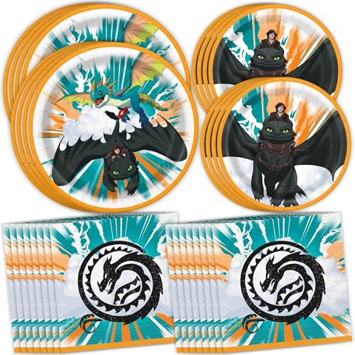 Unique Come addestrare il tuo drago Piatti e tovaglioli - Forniture per feste Come addestrare il tuo drago - 8 Piatti da cena e da dessert, 16 tovaglioli - Decorazioni per compleanno per 8 ospiti