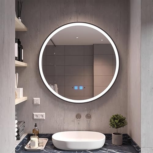 Zhoudong 90cm Rund Intelligent LED Spiegel für Badezimmer, Wandmontage Schwarz Rahmen Dekospiegel mit 3 Lichtfarbe Dimmbar, Beschlagfrei, Touch-Schalter(Black,90cm/36)