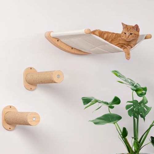 Hamac Mural pour Chat - Arbre à Chat Mural - Kit Comprenant Un Hamac et Deux Poteaux - Bois Clair Tissu Blanc