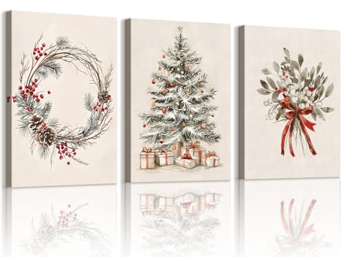 WENGTIAO 3 Pezzi Stampa su Tela Natale Incorniciato, Quadro su Tela Vintage Albero di Natale Regalo Ghirlande Pittura per Decorazioni Natalizie Soggiorno Camera da Letto Parete 30x40cmx3