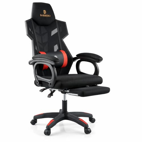 BARBERIO Gaming Stuhl Ergonomisch, Bürostuhl 150 kg belastbar, atmungsaktives Mesh, mit Fußstütze, verstellbare Armlehnen, 54 cm Sitz, 360° drehbar, Lendenwirbelkissen, höhenverstellbar (Schwarz-Rot)