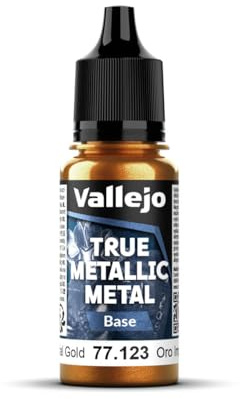 Vallejo True Metallic Paint 123 Imperial Gold, High Coverage, Brush Application, 18 ml Dropper Bottle, Ideal for Miniatures and Models