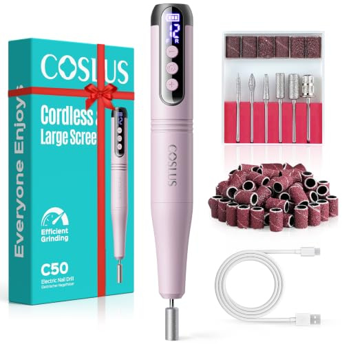 COSLUS C50 Lima de uñas eléctrica inalámbrica con pantalla LED | Taladro de Uñas de 12 Etapas Para Uñas de Gel, Eliminación de Polvo Acrílico, Práctica de Diseño de Uñas, Rosa Claro