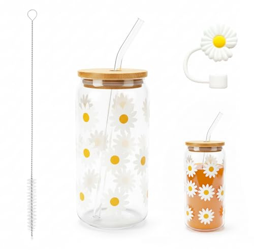 BaiDrivora Glass Cups with Lids and Straws - 16oz 500ml Daisy Floral Glass, Iced Coffee Cup, Matcha Glass with Lid & Reusable Straw for Drinks Home Kitchen