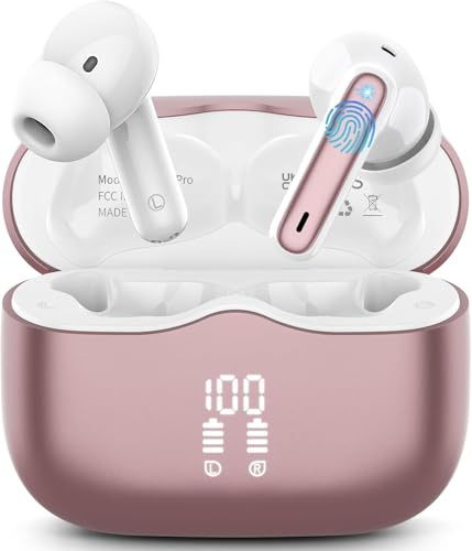 Wireless Earbuds, Bluetooth 5.4 Headphones in Ear 3D Bass Stereo, 40H Wireless Earphones with 4 ENC Noise Cancelling Mic, IP7 Waterproof LED, AI-Enhanced Calls Bluetooth Earbuds for Android iOS, Rose