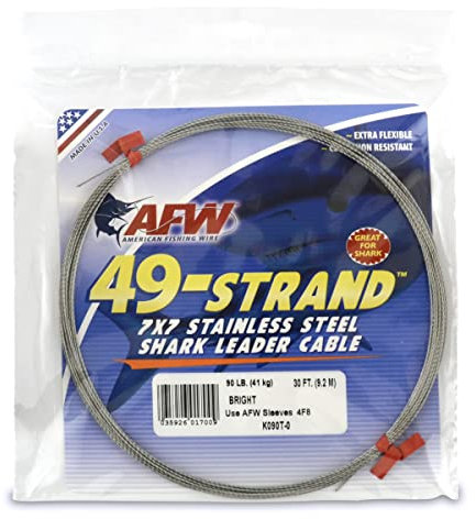 American Fishing Wire 49 Strand, 7x7 Stainless Steel Shark Leader Cable, 90 lb / 41 kg Test, .031 in / 0.79 mm Dia, Bright, 30 ft / 9.2 m