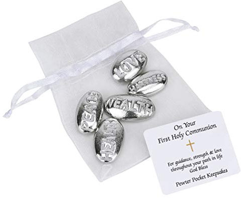 Metal Planet/Purple Gif Erstkommunion Geschenk-Idee – 5 Zinn Nachricht-Kieselsteine an einen Kordelzug weiße Organza Tasche. Die Zinn-Kieselstein-Aufschiften lauten: Liebe, Gesundheit, Wohlstand, Glück und Frieden.