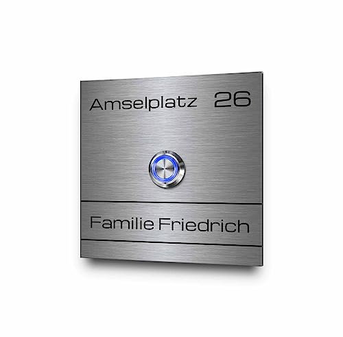 Moderne Edelstahl Türklingel mit Wunschgravur und Motiv - Klingel Modell Friedrich ab 8x8 cm | witterungsbeständiges Klingelschild für die Haustür