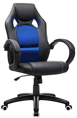 SONGMICS Racing Bürostuhl Gaming Stuhl Chefsessel Drehstuhl PU, schwarz-blau, OBG56L, 76.56632