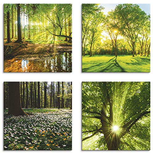 ARTLAND Wanddeko Leinwand Bilder Natur Set 4 tlg. je 40x40 cm Quadratisch Wandbilder Landschaft Wald Bach Frühling Sonne Baum K2FR