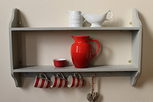 Rustic Wooden Wall Shelf With Small Pegs Kitchen Shelving Unit Cup Hooks Storage Unit Bedroom Shelves Hand Painted Grey Shaker Style Rustic Furniture 3 sizes
