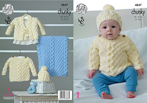 King Cole Baby Chunky Knitting Pattern Cable Knit Sweater Cardigan Hat & Blanket (4847),Multicolor,14 - 22 chest