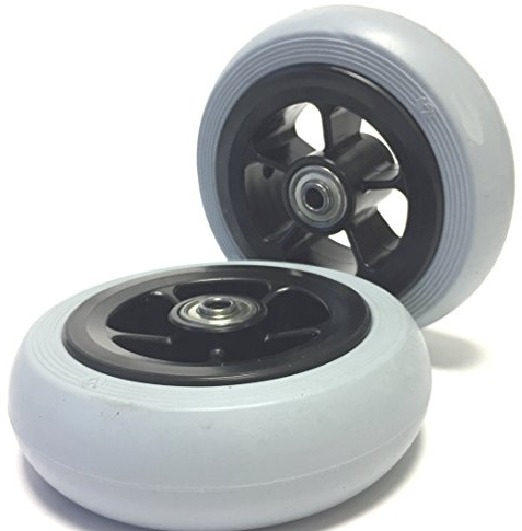 2 Stück Rollstuhlreifen pannensicher 140 x 40, Vollgummi, grau | 100% pannengeschützt, Kompletträder mit Felge und Kugellager, Bohrung 8 mm, Nabenlänge 45 mm