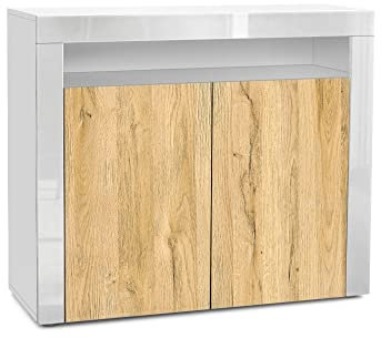 Vladon Kommode Valencia, Made in Germany, Sideboard mit 2 Türen und 1 offenem Fach, Weiß matt/Eiche Natur/Weiß Hochglanz (108 x 92 x 40 cm)