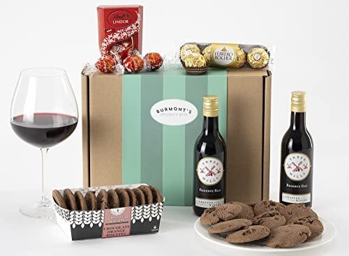 Burmont's Red Wine & Chocolate Gift Hamper - Two Small Red Wines, Joe & Seph's Popcorn, Cambrook Chocolate Almonds & Premium Chocolate Chip Biscuits - Hamper Exclusive To Burmont's