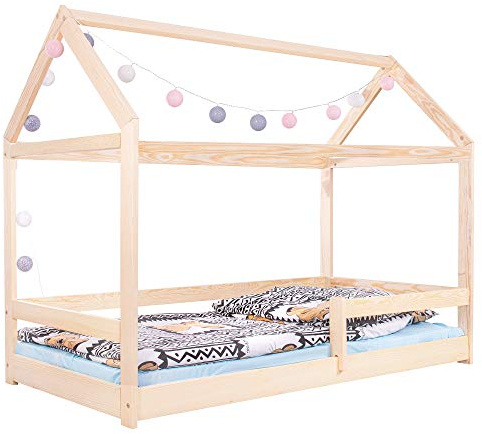SPRINGOS Kinderbett Haus-Optik Form 130x86x164 cm (HxBxL) Hassivholz Häuschenbett Holzbett (Natural 130x86x164 cm)
