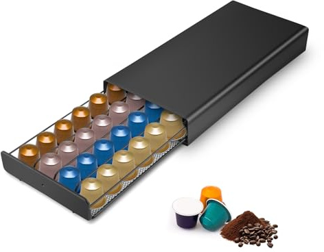Ejoyous Porta Capsule caffè con Cassetto, Distributore Metallo per 40 Capsule, Superficie Antiscivolo Nera, 37,5 x 17,5 x 5,3 cm
