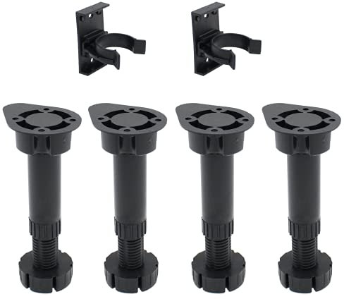 Mueble de cocina patas de armario | Altura ajustable de 150 mm a 180 mm | Plástico negro | Incluye clips de zócalo – Paquete de 4