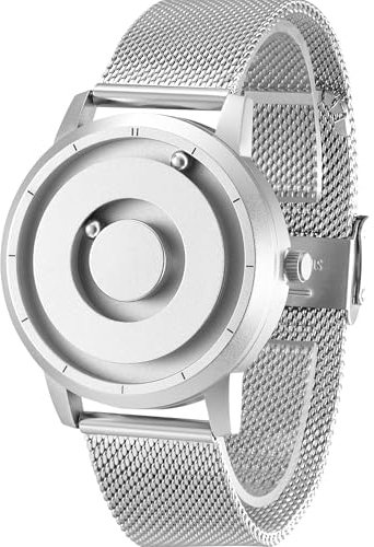 EUTOUR Magnetic Mens Watches No Glass Ball Bearing Minimalist Quartz Wrist Watch for Men with Mesh Stainless Steel Strap 40 mm Silver