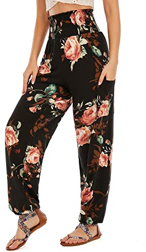 QIANXIZHAN Women's Harem Pants, High Waist Yoga Boho Trousers with Pockets Rose Black M