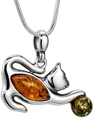 Copal Damen Halskette Mit Katze Anhänger Aus Honigfarbenem Bernstein Und Silber