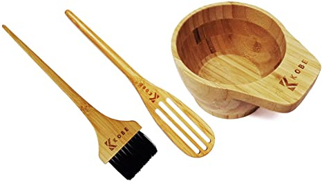 Kobe Bamboo 3 Piece Hair dye Bowl and Brush Set with Mixing Brush - Deep Bowl, Tint Brush & Whisk -an Ideal Hair Colouring Tool Kit for Salon or Home use.