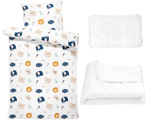 Baby Bettwäsche Set mit Bettdecke Kissen 90x120 cm + Bettzeug - Kinderbettwäsche 4-teilig Bettbezug & Kissenbezug 40x60 mit Reißverschluss - Junge Mädchen Kleinkind Oeko-Tex Regenbogenmotiv