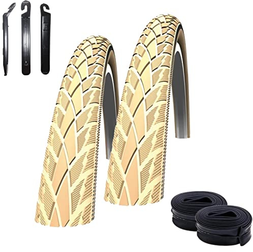 2 x Schwalbe Road Cruiser Creme Reflex Fahrradreifen Decke 42-622 (28 x 1.60) + 2 Schwalbe SV17 lang Schläuche inkl. 3 Reifenheber
