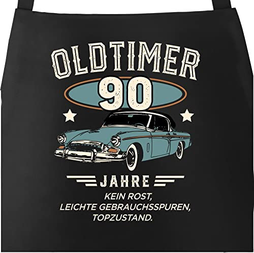 MoonWorks® Grill-Schürze Kochschürze Oldtimer Geburtstag Retro Design Print Vintage Auto Geburtstagsgeschenk für Männer 90 Jahre schwarz Herren