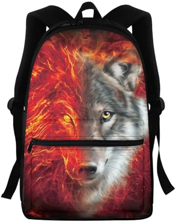 AFPANQZ Kinder-Rucksack mit Vordertaschen, großes Fassungsvermögen, Schultasche, Büchertasche, Reißverschluss, lässiger Tagesrucksack, Wolf Fire, Einheitsgröße, Rucksack Rucksäcke