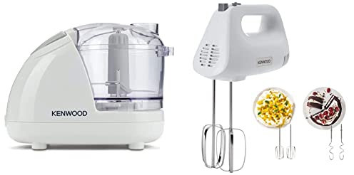 Kenwood Mini Chopper, 0.35 Litre Dishwasher Safe Bowl, CH180A, White & Hand Mixer,Electric Whisk, 5 Speeds, Stainless Steel Kneaders and Beaters for Durability and Strength, 450 W, HMP30.A0SI, White