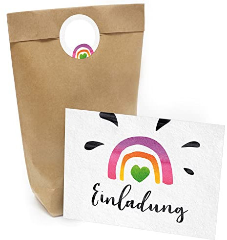 Kindergeburtstag Einladung Set mit je 8 Einladungskarten, Umschlägen, Tüten und Aufkleber - Regenbogen