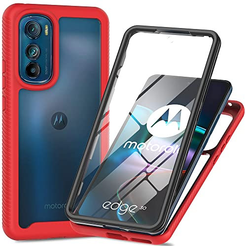 RonRun Kompatibel mit Motorola Edge 30 Hülle, 360° Grad vollschutz Stoßfest Handyhülle Transparent Hülle Silikon Bumper Cover mit eingebautem Displayschutz rot