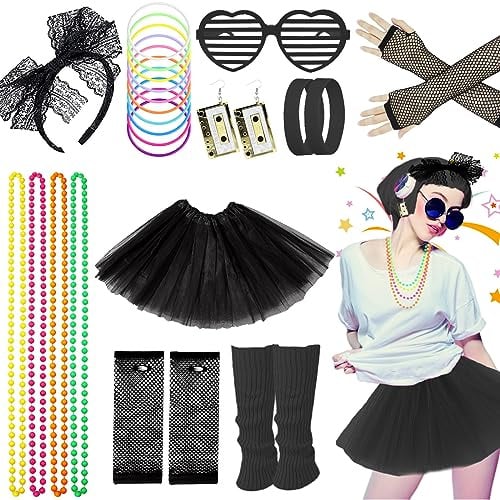 Beamely 80er Jahre Fancy Kleid Kostüme Zubehör, 80er Jahre Stil Kleider Party Sets für Frauen, Kinder Neon Beinwärmer Halsketten Armband Fischnetz Handschuhe Bogen Stirnband Ohrringe Sonnenbrillen-13