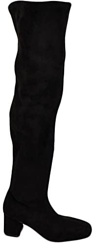 Stivale Donna a Punta Quadrata Alto in camoscio Nero sopra al Ginocchio con Tacco Quadrato Basso 5 cm Morbido con Zip (38 EU)