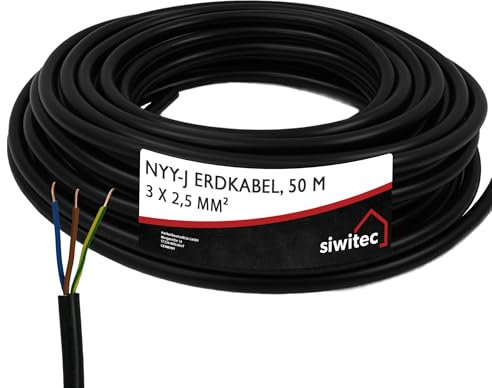 siwitec NYY-Kabel, NYY-J 3x2,5 mm², 50 m, Erdkabel, Installationskabel, Erdleitung, Kabelring - Made in Germany