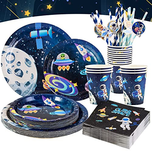 SUNBEAUTY - Decoración de cumpleaños, tema espacial, sistema solar, fiesta, decoración, suministro de platos, pajitas, toallas de papel, vasos astronauta, cohete, planeta para niños