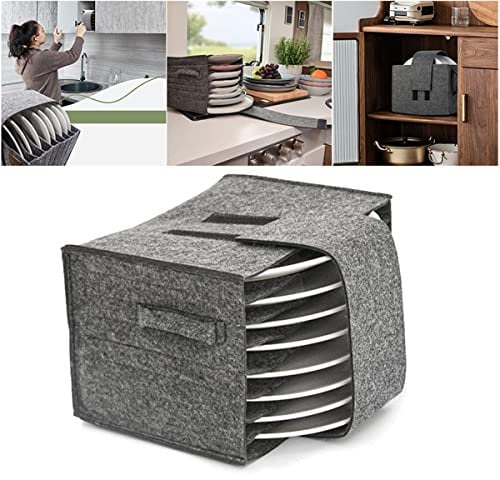 Caravan Plate Holder Camping Dinnerware Storage Felt Bag with Handles Hard Platter Containers Case 8 Plates for Protecting Motorhome Cupboard Kitchen Cookware