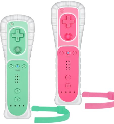 Lot de 2 manettes Wii avec coque en silicone et dragonne compatibles avec console Wii/Wii U – Vert et rose