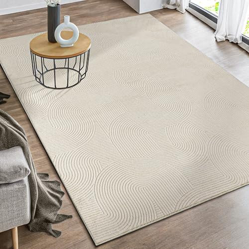 the carpet Rio - moderner und weicher Teppich Wohnzimmer Schlafzimmer mit Anti-Rutsch-Rücken und 3D-Optik, Flauschige Oberfläche, pflegeleicht und robust, Creme, 160 x 220 cm
