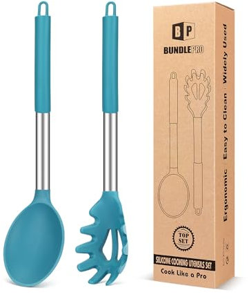 Silicone Pasta Fork and Cooking Spoon Set, Non Stick Kitchen Utensils for Cooking,Stirring,Serving Spaghetti, Soup, Sauce (BLUE)